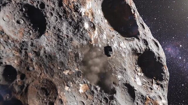 Explore the surface of an asteroid with unique textures and craters in outer space during a cosmic journey at a distant time