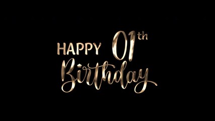 1st happy birthday text animation in golden metallic effect. suitable for birthday celebrations, social media posts, and greeting cards. Includes alpha channel for any background.