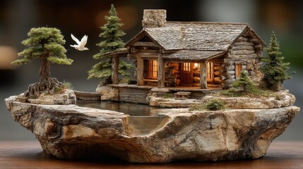 Scenic wooden lodge with pond tranquil nature setting model art display rustic design close-up view serenity concept