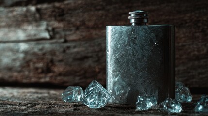 Chilling drink flask with ice cubes rustic wood background still life photography natural light artistic perspective