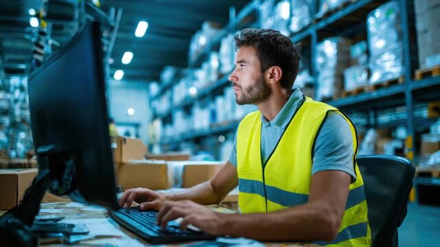 Warehouse worker using a computer in a large distribution center