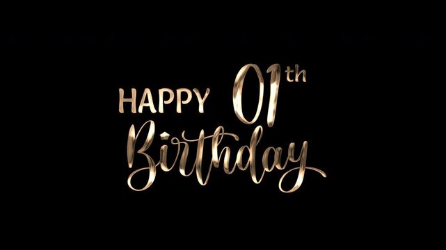 1st happy birthday text animation in golden metallic effect. suitable for birthday celebrations, social media posts, and greeting cards. Includes alpha channel for any background.