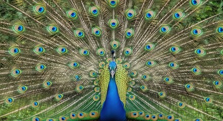 Obraz premium Close-up of a peacock displaying its full fanned tail feathers. Symmetrical portrait of a peacock's iridescent plumage. Detailed macro shot of peacock tail patterns and eyes.