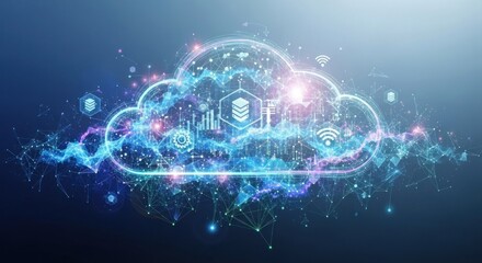 A digital cloud with a blue and white color scheme, glowing with a blue and white light, and surrounded by a network of lines and dots.