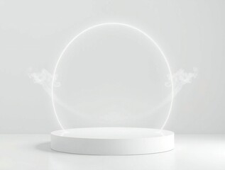 Minimalist white podium with abstract glowing arch and subtle wing shapes