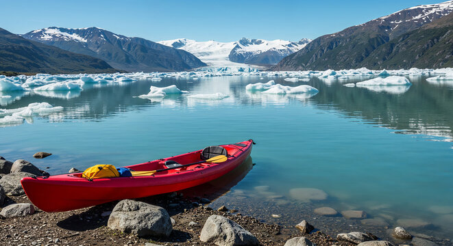 Red plastic kayak resting on a rocky shore of a clear glacial lake dotted with icebergs and snow-capped mountains in the background
