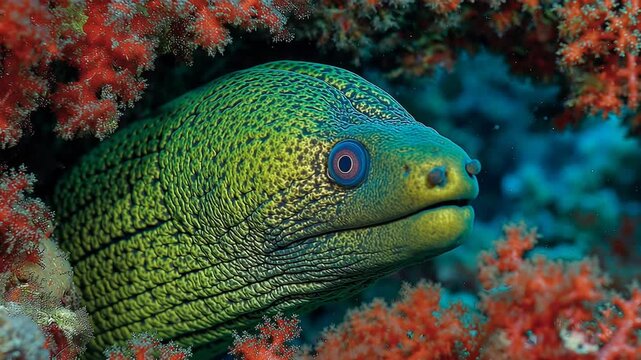 Green Moray Eel Peeking from Coral Reef Underwater Wildlife Stock Footage