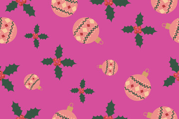 Festive christmas baubles and holly sprigs pattern on a bright pink background