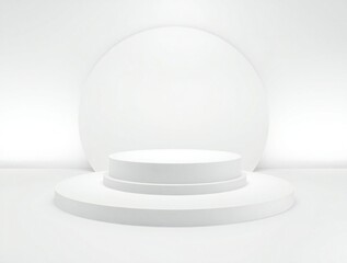 Minimalist white stage podium with arch backdrop for product display