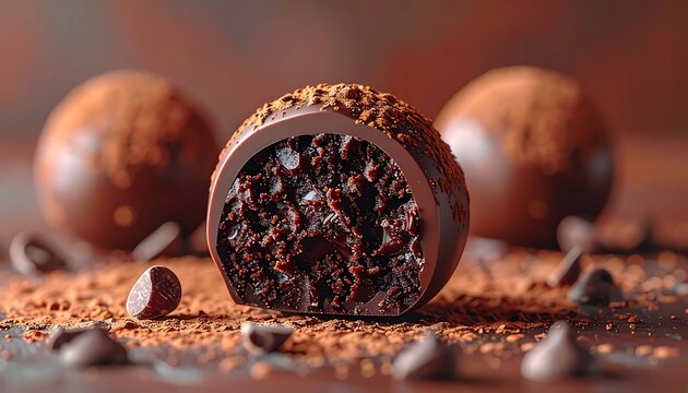 Rich dark chocolate truffle, halved, showing its decadent interior