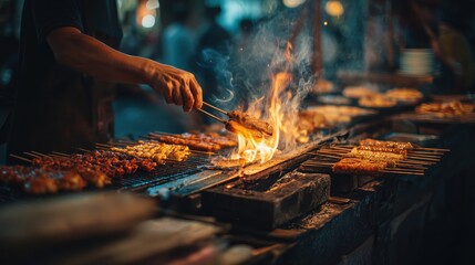 A street food vendor's hand uses tongs to grill meat skewers (satay) over an open charcoal flame, with smoke and fire rising. Authentic, bustling night market atmosphere