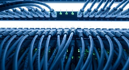 Fototapeta premium The backbone of digital connectivity, a network switch with numerous blue patch cords plugged into a server rack panel