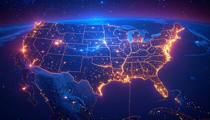USA map at night, glowing cities