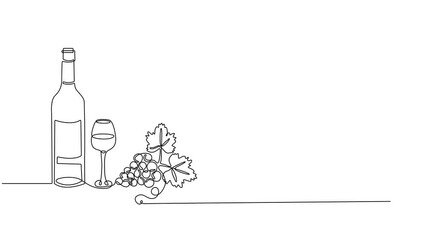 Self-drawing of a bottle of wine and a groan of grapes in one line on a white screen. Stock cartoon video with alcohol in 4k with alpha channel. Whiteboard presentation about winemaking in color.