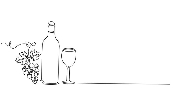 Self-drawing of a bottle of wine and a groan of grapes in one line on a white screen. Stock cartoon video with alcohol in 4k with alpha channel. Whiteboard presentation about winemaking in color.