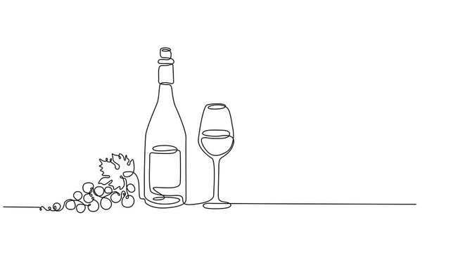 Self-drawing of a bottle of wine and a groan of grapes in one line on a white screen. Stock cartoon video with alcohol in 4k with alpha channel. Whiteboard presentation about winemaking in color.