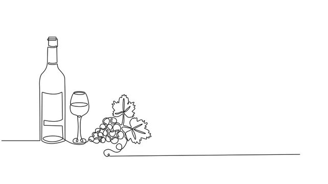 Self-drawing of a bottle of wine and a groan of grapes in one line on a white screen. Stock cartoon video with alcohol in 4k with alpha channel. Whiteboard presentation about winemaking in color.