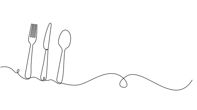 Video. Fork, knife and spoons. Continuous single line cutlery pattern for logos, business cards, banners. Animation on white background. 4K. Animated self drawing of continuous line draw of fork.