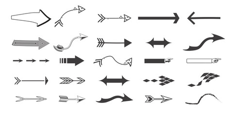 Collection of hand drawn arrow illustrations in various styles and directions on white background