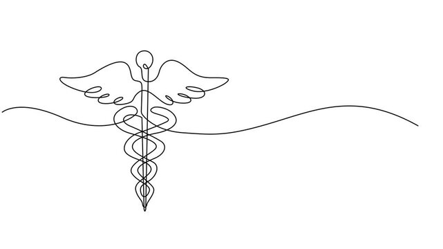 Self drawing animation of single one line draw Caduceus - medical center, pharmacy, hospital with popular symbol of medicine. Medical logo. Swirl curl style. Continuous line draw. Full length animated