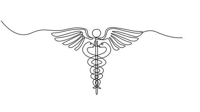 Self drawing animation of single one line draw Caduceus - medical center, pharmacy, hospital with popular symbol of medicine. Medical logo. Swirl curl style. Continuous line draw. Full length animated