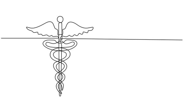 Self drawing animation of single one line draw Caduceus - medical center, pharmacy, hospital with popular symbol of medicine. Medical logo. Swirl curl style. Continuous line draw. Full length animated