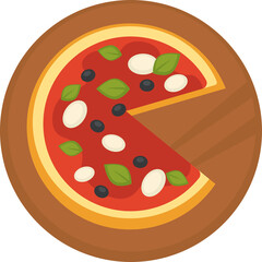 Top View Of A Whole Round Pizza With One Slice Removed Showing Red Sauce White Cheese Black Olives And Green Basil On A Wooden Board