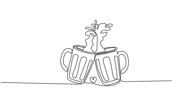 Self drawing animation one continuous line draw, logo, Abstract hand with two mugs, glass beer, Two glasses of beer animation one line continuous. Line art glasses of beer. Hand drawn vector art. 4k.