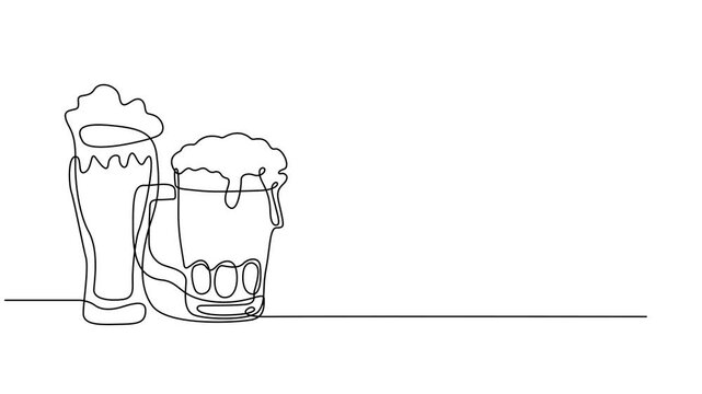 Self drawing animation one continuous line draw, logo, Abstract hand with two mugs, glass beer, Two glasses of beer animation one line continuous. Line art glasses of beer. Hand drawn vector art. 4k.