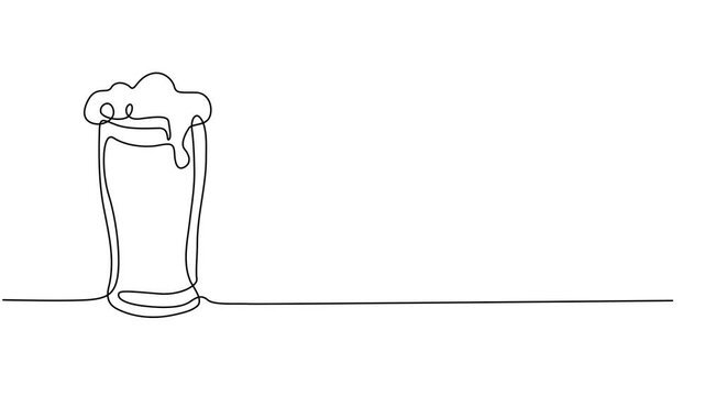 Self drawing animation one continuous line draw, logo, Abstract hand with two mugs, glass beer, Two glasses of beer animation one line continuous. Line art glasses of beer. Hand drawn vector art. 4k.