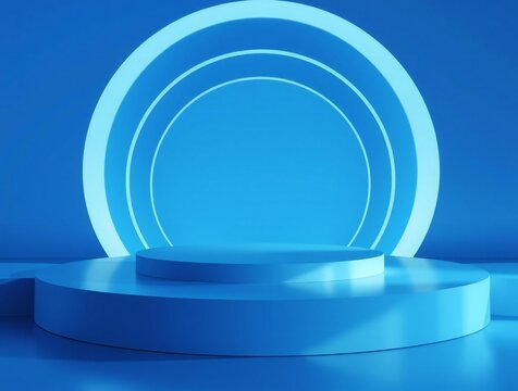 Abstract blue circular stage with glowing rings and podium - Powered by Adobe