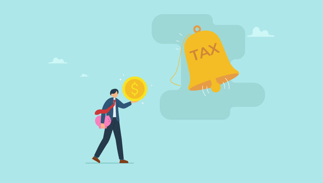 Businessman with piggy bank walk towards shaking bell with engraved word TAX to notify. Individual income tax payment notification, revenue calculation for withholding tax, reminder from government.