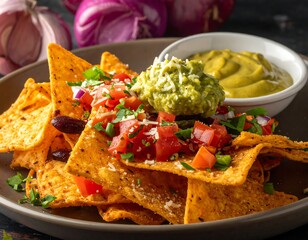 Tortilla chips with guacamole and salsa