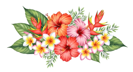 Vibrant tropical floral arrangement with hibiscus, plumeria, and heliconia flowers isolated on transparent background