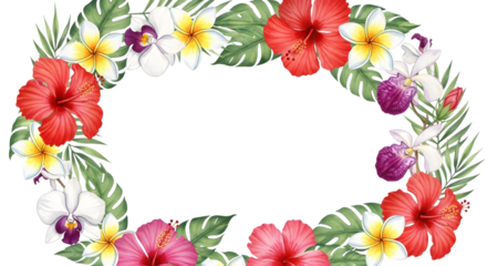 Oval frame of tropical flowers and palm leaves, isolated on transparent background