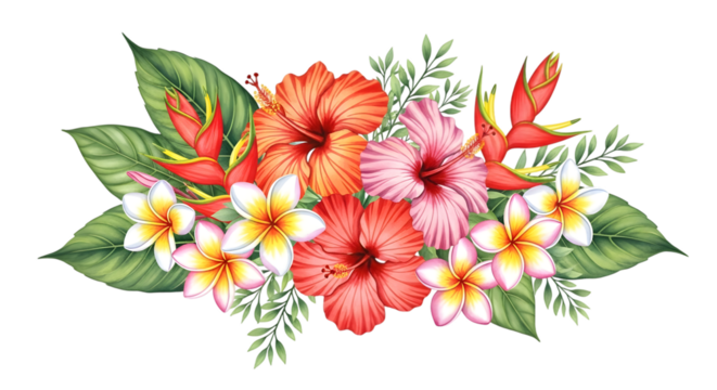 Vibrant tropical floral arrangement with hibiscus, plumeria, and heliconia flowers isolated on transparent background - Powered by Adobe