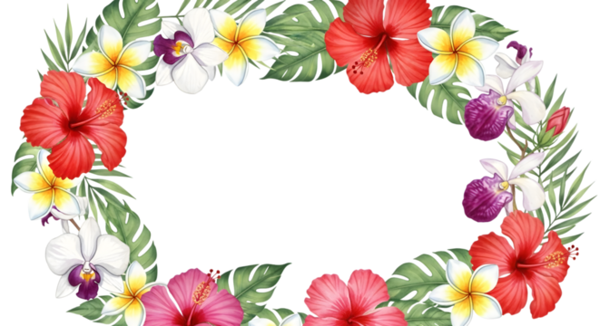 Oval frame of tropical flowers and palm leaves, isolated on transparent background