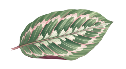 A single green leaf with pink and white patterns, isolated on a transparent background
