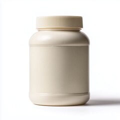 A plain, off-white plastic jar or tub with a blank label area, perfect for protein powder, supplement, or food product mockups. Isolated on a clean white background with a soft shadow