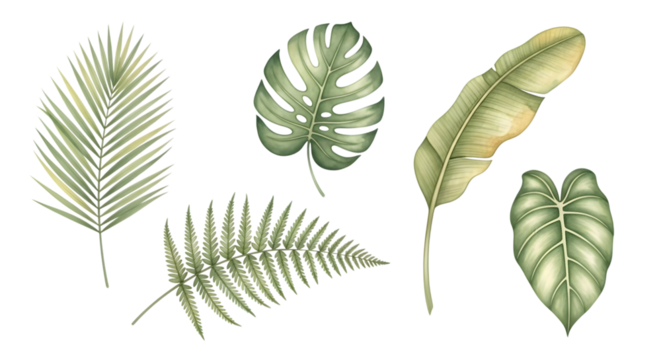 Collection of five different green tropical plant leaves isolated on transparent background