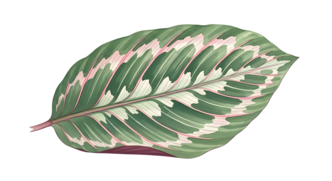 A single green leaf with pink and white patterns, isolated on a transparent background - Powered by Adobe