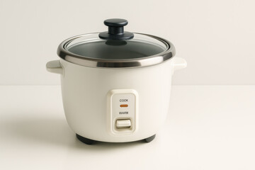 Classic electric rice cooker, simple kitchen appliance on white background. This minimal and clean household equipment brings sense of functional contentment to everyday cooking