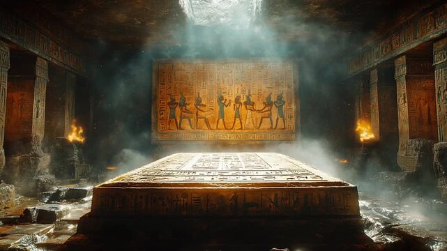Ancient Egyptian Tomb with Hieroglyphs and Light