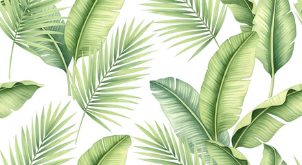 Watercolor painting of lush green banana and palm leaves, isolated on transparent background