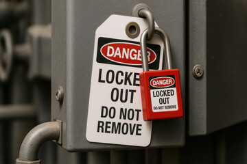 Serious red warning padlock and danger lockout tag on industrial machinery. Safety equipment for workplace protection, preventing accidents during maintenance or electrical isolation