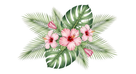 Watercolor tropical floral arrangement with pink hibiscus flowers and palm leaves isolated on transparent background