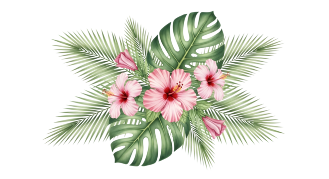 Watercolor tropical floral arrangement with pink hibiscus flowers and palm leaves isolated on transparent background