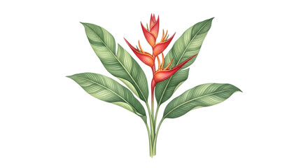 A vibrant heliconia flower with lush green leaves, isolated on transparent background