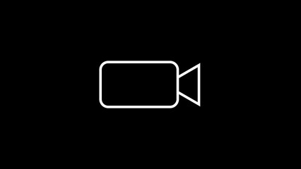 Minimalist white outline of a video camera icon on a solid black background representing recording or media playback