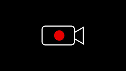 Minimalist icon of a video camera with a bright red recording indicator light on a solid black background symbolizing filming